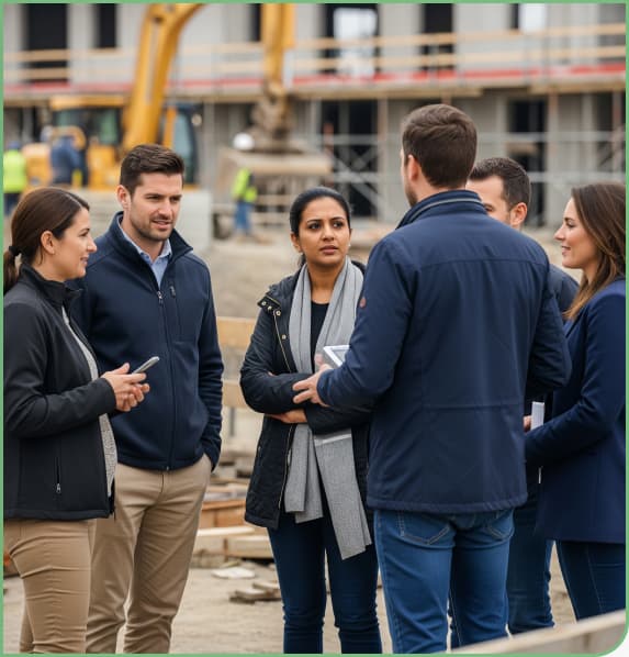 Immobilienentwickler besprechen Bauprojekte und Immobilien-Investment auf einer Baustelle in Wien