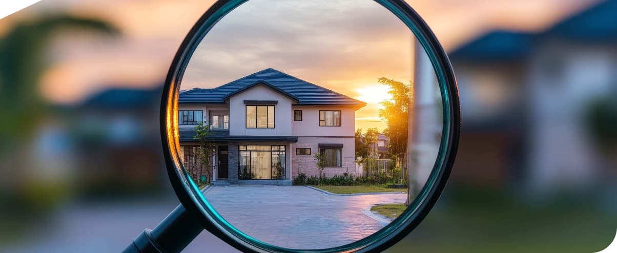 Vergrößerungsglas fokussiert auf ein Haus, symbolisiert Immobilien-Investment und Geldanlage.